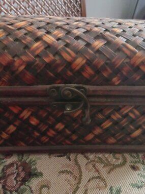 Vintage wooden wicker look treasures box with hinged lid unique item